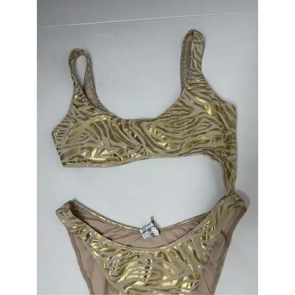 Forever 21 Gold Zebra One Piece Swimsuit Open Middle High Cut Bottom Size XL - Picture 3 of 14